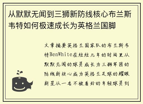 从默默无闻到三狮新防线核心布兰斯韦特如何极速成长为英格兰国脚