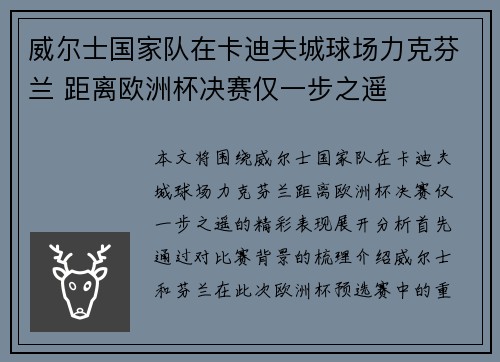 威尔士国家队在卡迪夫城球场力克芬兰 距离欧洲杯决赛仅一步之遥